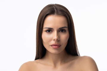 Portrait of young woman with perfect smooth skin isolated over white background.