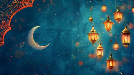 ramadan background with lanterns and crescent moon islamic greeting card