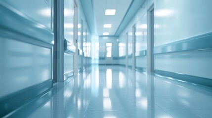 Calm perspective down a busy hospital hallway with light blue tones.