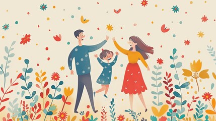 Online party concept. Man and woman with kid dancing together. Video call in social networks. Event, holiday and festival on internet. Cartoon flat vector illustraton isolated on beige background