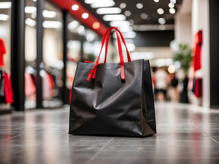 Black and red shopping bag on the floor in a shopping center. Black Friday mood, discounts, and sales concept design.