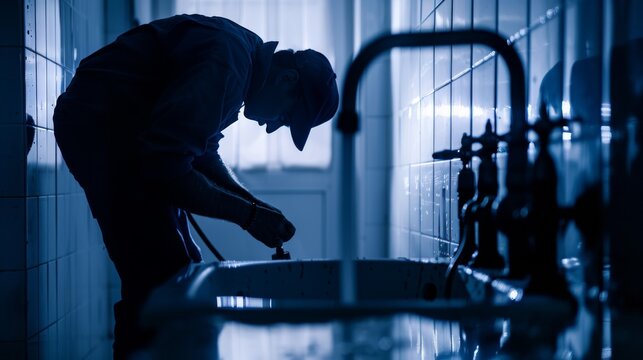 Plumber fixing a clogged drain, professional service, silhouette, bathroom.