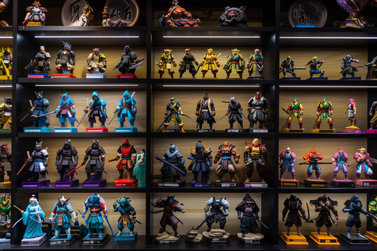 Colorful Display of Action Figure Collection in Shelves.