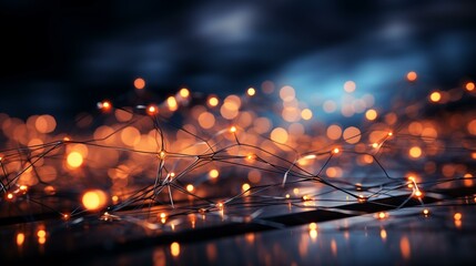 Abstract technology background of a quantum computing system with a cyber network grid and connected particles. Artificial neurons global data connections Generative AI