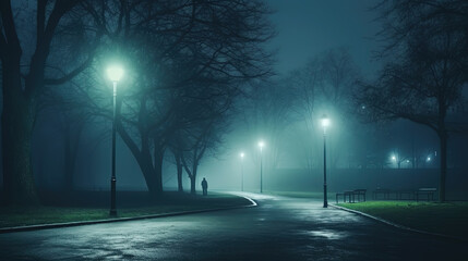 Bleak Very Foggy Winter Morning In An Empty City Park There Is One Street Lamp Lighting A Section Of Path Through Park During Early Morning Time Landscape Background