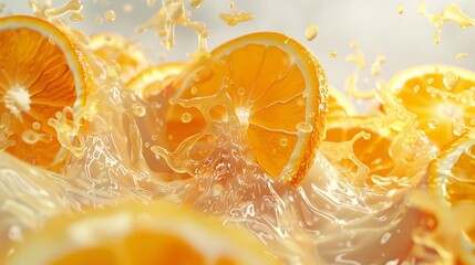 Close-up of orange slices falling into the orange juice