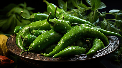 Fresh Green Chilies With Waterdrops in Bowl on Blurry Background
