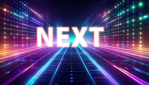 A high-tech neon or hologram background featuring reflective points and "Next JS" LOGO  in the foreground. This image is designed for business, internet concepts, and future industry communication.