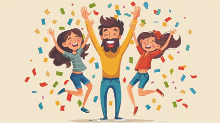 Online party concept. Man and woman with kid dancing together. Video call in social networks. Event, holiday and festival on internet. Cartoon flat vector illustraton isolated on beige background