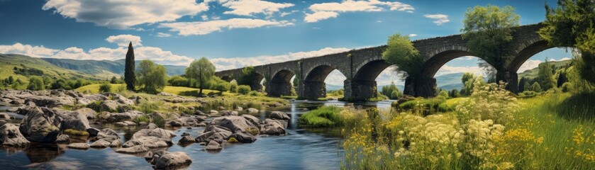 Fototapeta premium Old stone bridge against blue sky with clouds