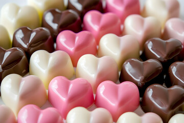 Obraz premium Chocolate candies in the shape of hearts, delicious sweets for various occasions and celebrations.
