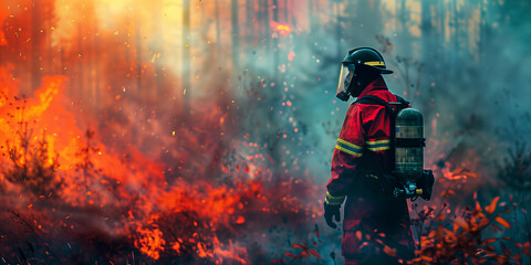 Naklejka premium A highly qualified firefighter walks through a dense forest engulfed in fire. Profession- firefighter. Extinguishing large forest fires. Forest fire fighting, ecosystem, fauna