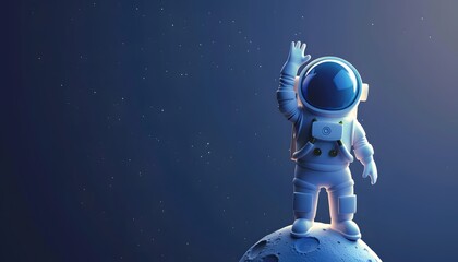 Naklejka premium A 3D cartoon astronaut waving while standing on a tiny planet