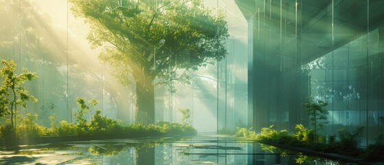 Green achievements recognition in a digital hall, Environment conservation, Futuristic, Blue and green tones, High detail