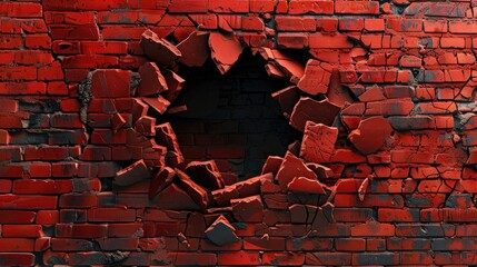 3D hole in red brick wall with broken pieces and cracks, viewed from inside