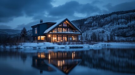 Fototapeta premium On a winter night, a modern triangular house stands by a misty forest lake