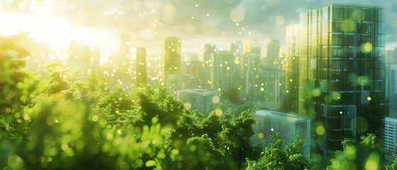 Green city renewal under ESG principles close up, sustainable urban living, surreal, composite, futuristic skyline