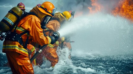 Firefighters in protective suits extinguish a fire with foam.
