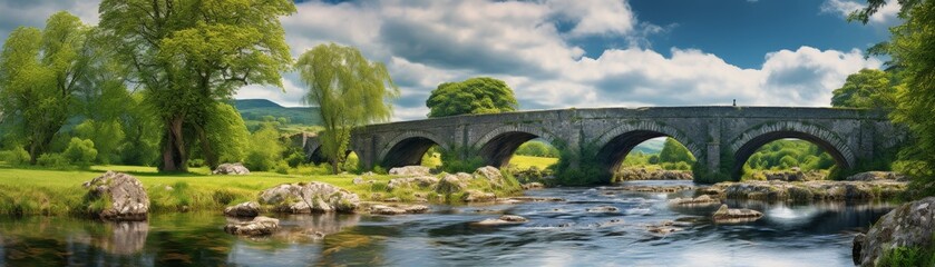 Fototapeta premium Old stone bridge against blue sky with clouds