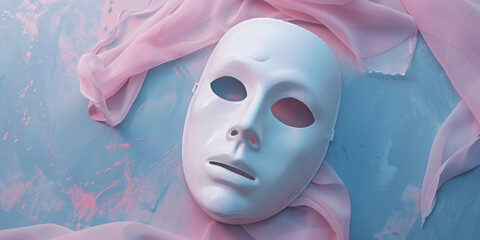 A white mask is on a pink cloth