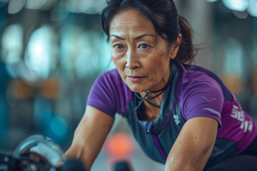 Fototapeta premium A woman is riding a bike in a gym