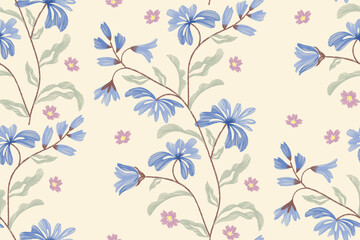 Blue flowers pattern vintage vintage minimal texture boho fabric design vector illustration hand drawn flower motif branches leaves wallpaper seamless background border. 