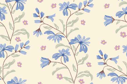Blue flowers pattern vintage vintage minimal texture boho fabric design vector illustration hand drawn flower motif branches leaves wallpaper seamless background border. 