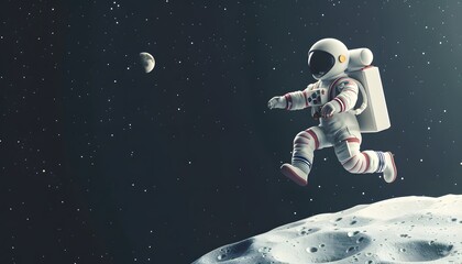 A 3D cartoon astronaut with a jetpack, soaring above a small moon surface