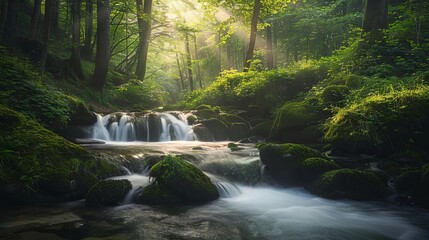 serene stream flowing through lush forest at cascade du herisson in france nature landscape photography