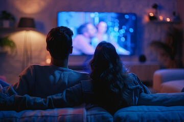 Obraz premium Generated with ai image of a beautiful loving relaxed couple watching tv at home together
