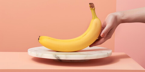 A person is holding a banana on a plate - Powered by Adobe