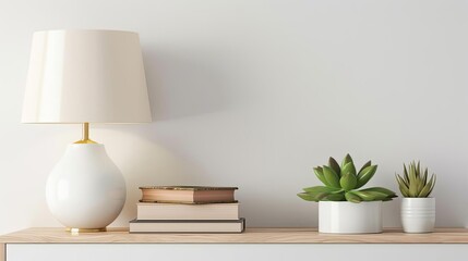 shelf serenity lamp books and succulent plant mockup interior design concept