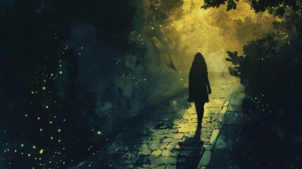 silhouette of mysterious woman walking on stone path dimly lit suspense scene digital painting