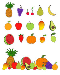 Different fruits in PNG format. Pineapple, grape, cherry, pear, banana, orange, apple, mango, avocado, watermelon, strawberry, pumpkin, peach, lemon.