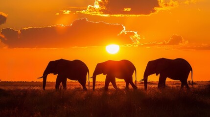 A beautiful scene of majestic elephants walking through the African savanna at sunset