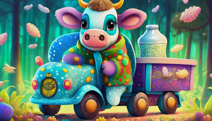 Naklejka premium oil painting style cartoon character illustration Multicolored close up a baby cow is holding a bottle of milk and driving TRUCK,