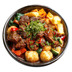 dish made of bread, beef, and vegetables cutout png isolated on white or transparent background
