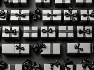 Black-arranged Arrange gift boxes with black ribbons and bows on black backgrounds design. Black Friday concept