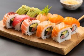 Hearty sushi on a slate plate against a pastel painted wood background