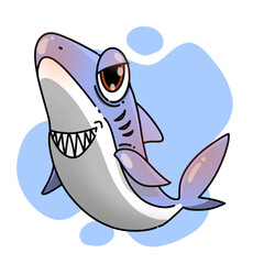 Naklejka premium Cute cartoon shark illustration with a mischievous smile and big eyes, perfect for children’s design, digital art, and playful marine themes