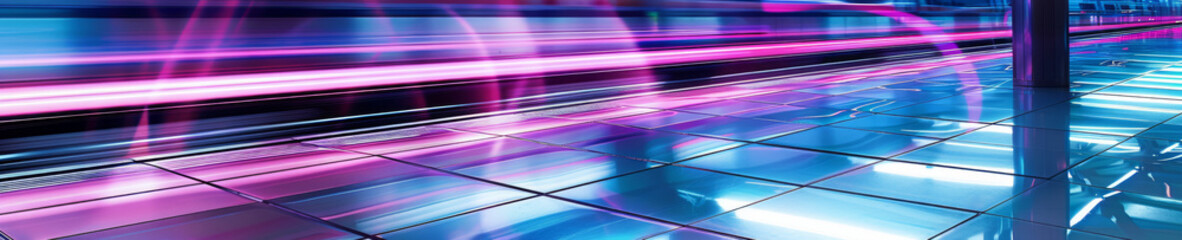 Futuristic Train Station Platform with Neon Pink and Blue Lights