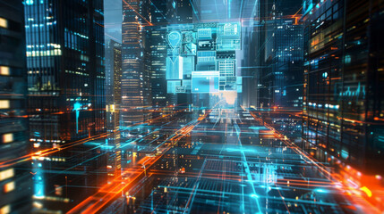 Obraz premium Futuristic Smart City Hologram Displaying Advanced Urban Technology
