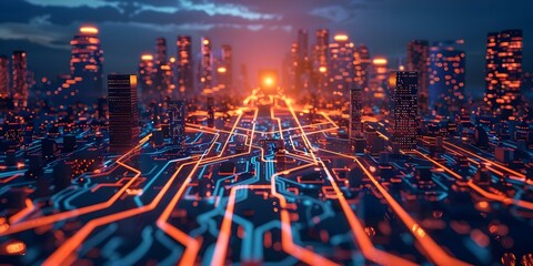 Silicon wafer with glowing circuits symbolizes AIs role in futuristic cityscape. Concept Technology, AI, Future Cities, Silicon Wafer, Glowing Circuits
