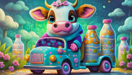 Fototapeta premium oil painting style cartoon character illustration Multicolored close up a baby cow is holding a bottle of milk and driving TRUCK,