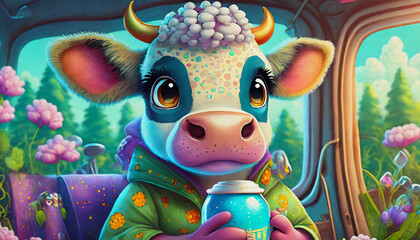 oil painting style cartoon character illustration Multicolored close up a baby cow is holding a bottle of milk and driving TRUCK,
