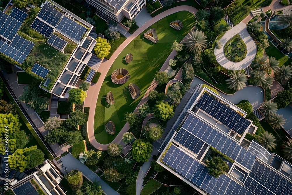 Wall mural aerial view of a sustainable solar energy community with rooftop photovoltaic panels powering the ci