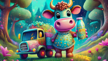 Fototapeta premium oil painting style cartoon character illustration Multicolored close up a baby cow is holding a bottle of milk and driving TRUCK,