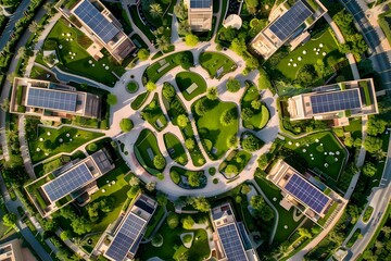 Aerial view of a sustainable residential green community with modern homes and renewable energy infrastructure
