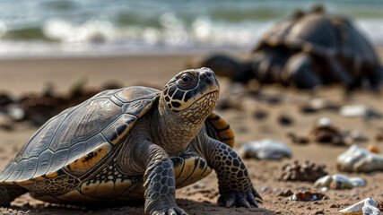 Obraz premium smiling Turtle walking on the beach Very close-up photo, very clear,