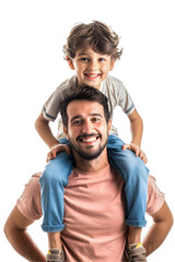 Smilling father piggyback little boy on white